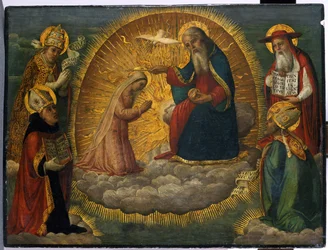 Maria vor Gott dem Vater, beobachtet von den vier Kirchenvätern